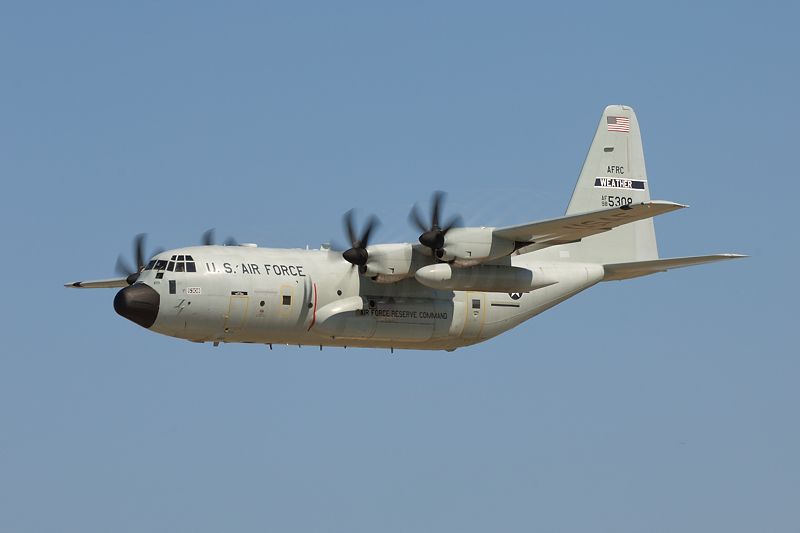 A USAF Reserve WC-130J departs NAS North Island on a training mission. Gary Wetzel photo